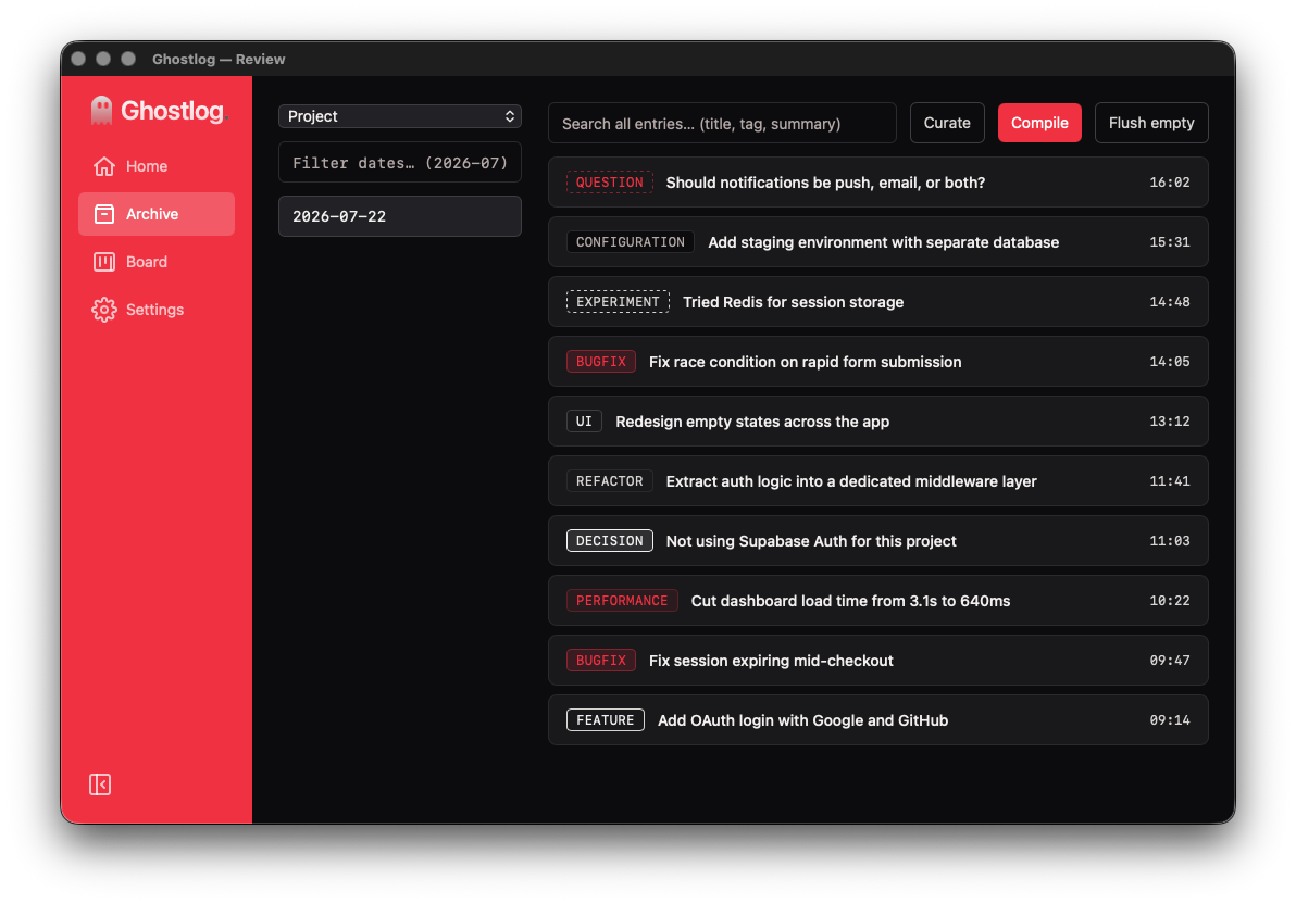 Ghostlog Archive screen showing a searchable, tagged list of entries