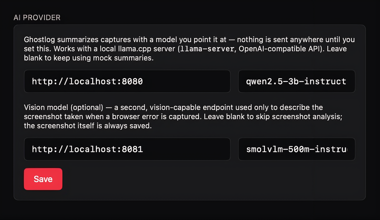 Ghostlog Settings screen for configuring a local AI provider